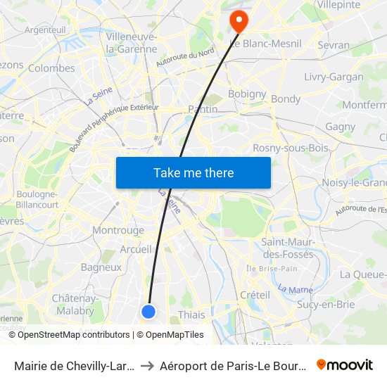 Mairie de Chevilly-Larue to Aéroport de Paris-Le Bourget map
