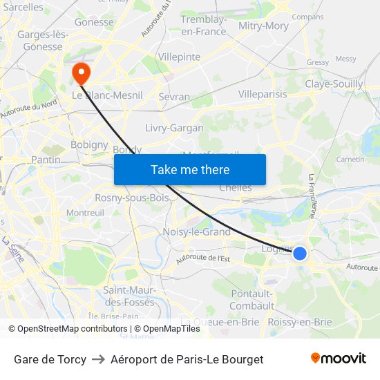 Gare de Torcy to Aéroport de Paris-Le Bourget map