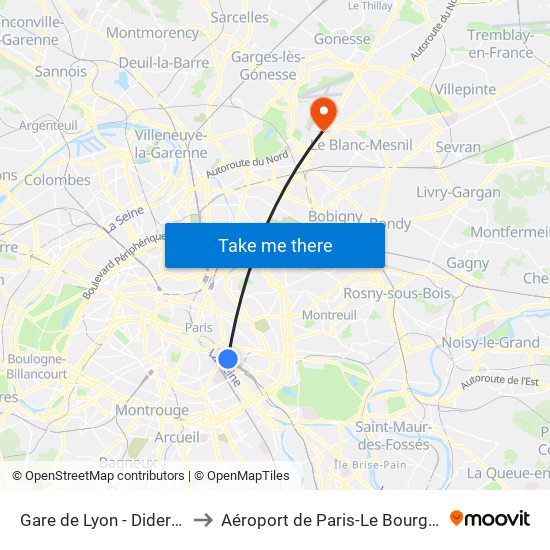 Gare de Lyon - Diderot to Aéroport de Paris-Le Bourget map