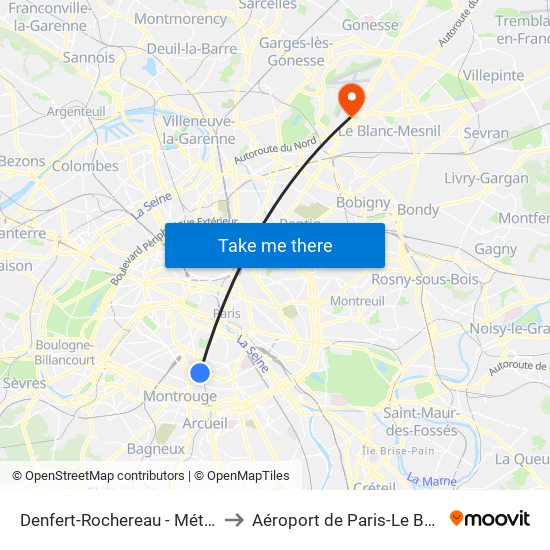 Denfert-Rochereau - Métro-Rer to Aéroport de Paris-Le Bourget map