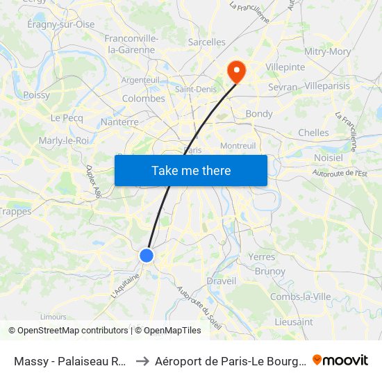 Massy - Palaiseau RER to Aéroport de Paris-Le Bourget map