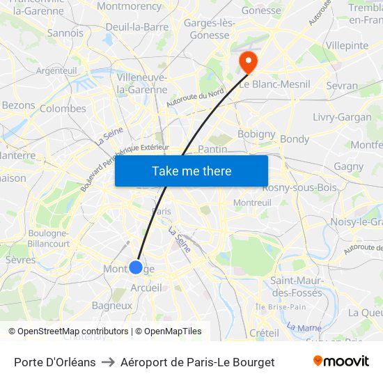 Porte D'Orléans to Aéroport de Paris-Le Bourget map