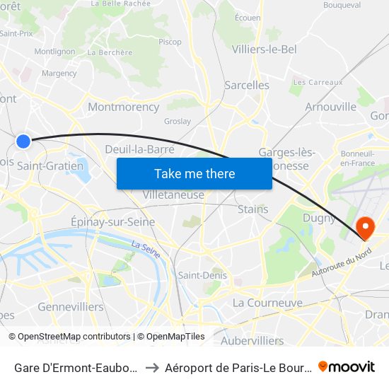 Gare D'Ermont-Eaubonne to Aéroport de Paris-Le Bourget map