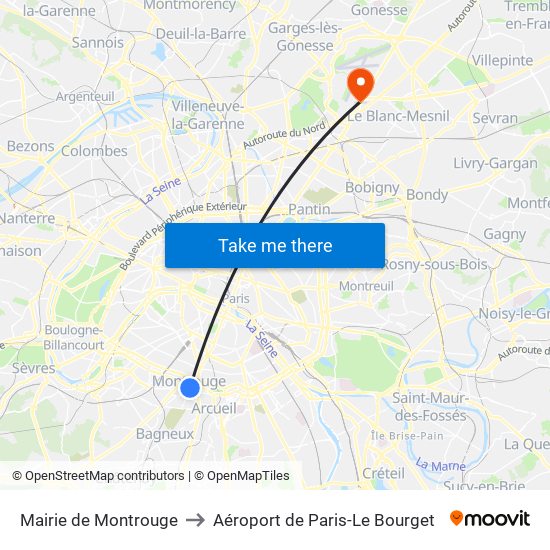 Mairie de Montrouge to Aéroport de Paris-Le Bourget map