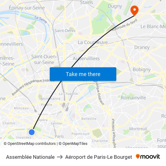 Assemblée Nationale to Aéroport de Paris-Le Bourget map