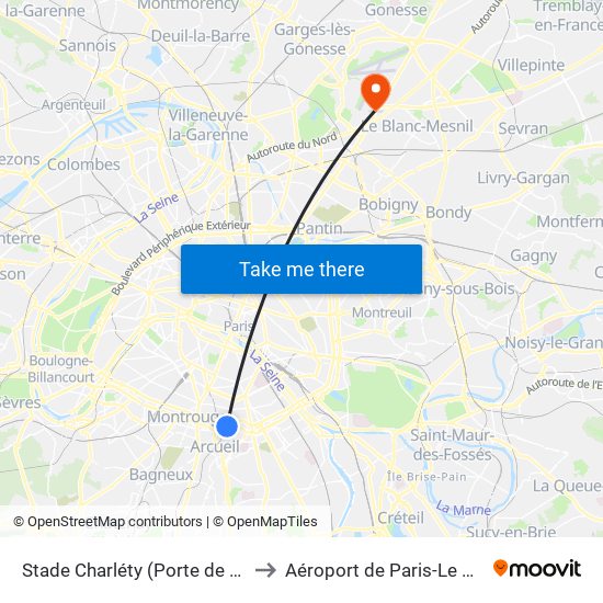 Stade Charléty (Porte de Gentilly) to Aéroport de Paris-Le Bourget map