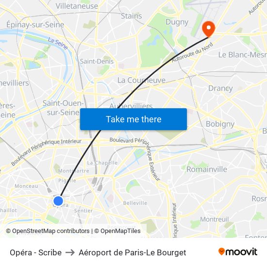 Opéra - Scribe to Aéroport de Paris-Le Bourget map