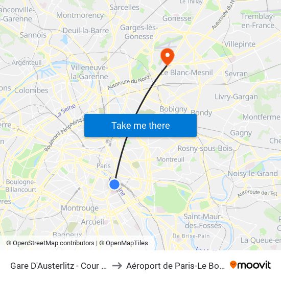 Gare D'Austerlitz - Cour Seine to Aéroport de Paris-Le Bourget map