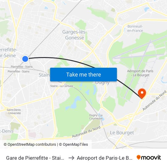 Gare de Pierrefitte - Stains RER to Aéroport de Paris-Le Bourget map