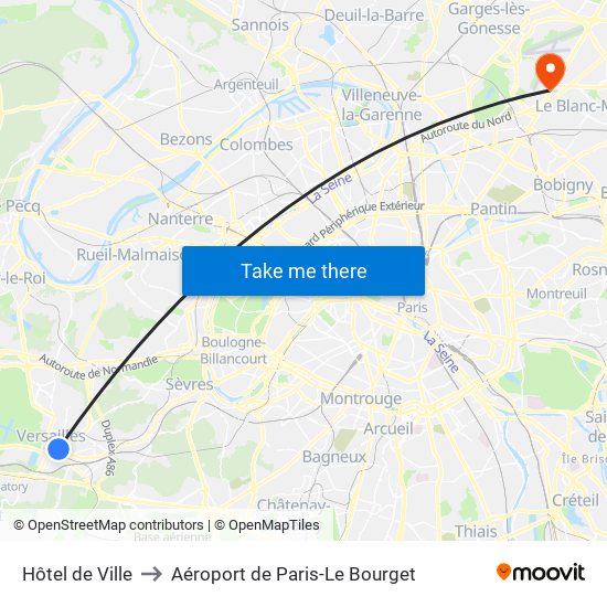 Hôtel de Ville to Aéroport de Paris-Le Bourget map