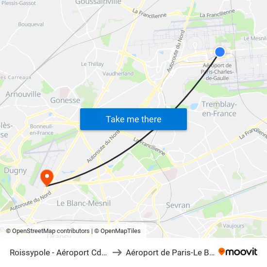 Roissypole - Aéroport Cdg1 (G1) to Aéroport de Paris-Le Bourget map