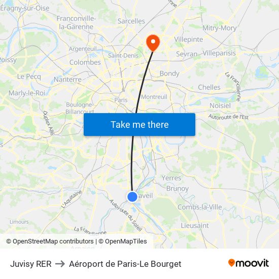 Juvisy RER to Aéroport de Paris-Le Bourget map