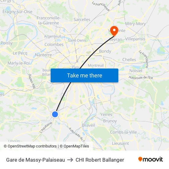 Gare de Massy-Palaiseau to CHI Robert Ballanger map