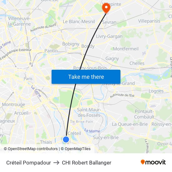 Créteil Pompadour to CHI Robert Ballanger map
