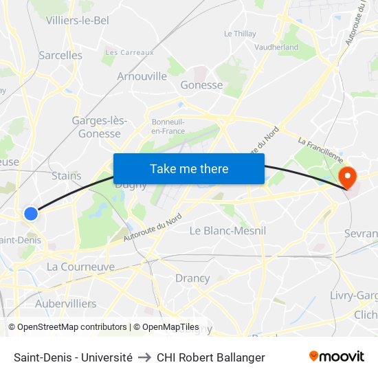 Saint-Denis - Université to CHI Robert Ballanger map