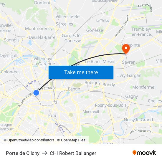 Porte de Clichy to CHI Robert Ballanger map