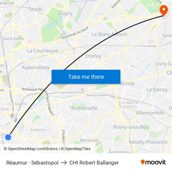 Réaumur - Sébastopol to CHI Robert Ballanger map