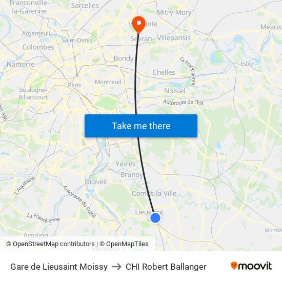 Gare de Lieusaint Moissy to CHI Robert Ballanger map