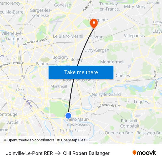 Joinville-Le-Pont RER to CHI Robert Ballanger map