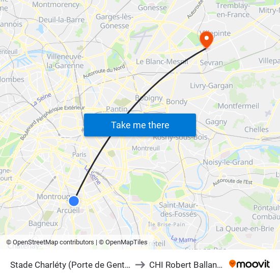 Stade Charléty (Porte de Gentilly) to CHI Robert Ballanger map