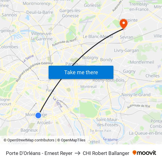 Porte D'Orléans - Ernest Reyer to CHI Robert Ballanger map