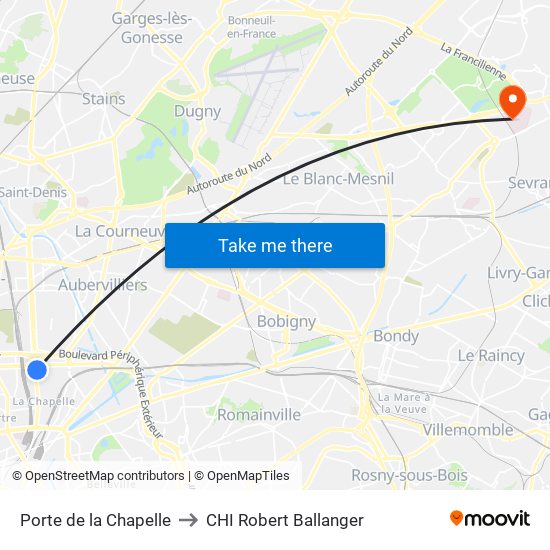 Porte de la Chapelle to CHI Robert Ballanger map