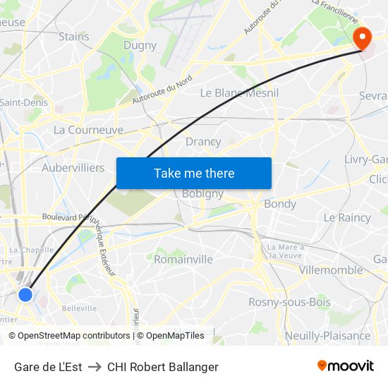 Gare de L'Est to CHI Robert Ballanger map