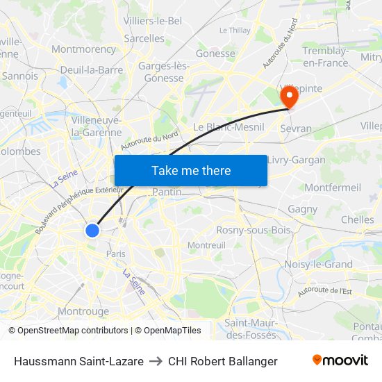 Haussmann Saint-Lazare to CHI Robert Ballanger map