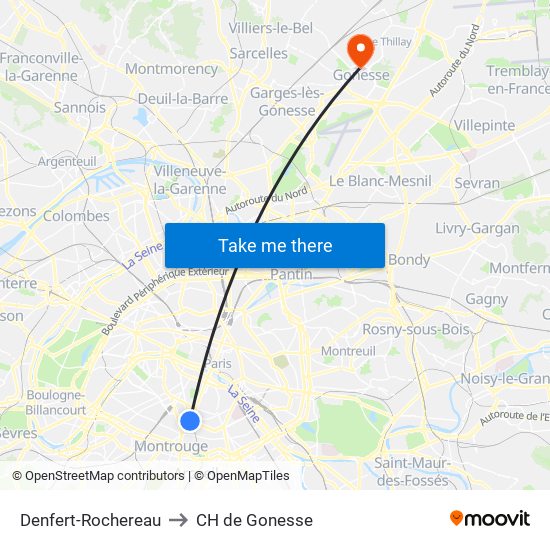Denfert-Rochereau to CH de Gonesse map
