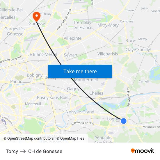 Torcy to CH de Gonesse map