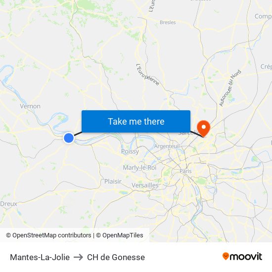 Mantes-La-Jolie to CH de Gonesse map