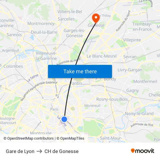 Gare de Lyon to CH de Gonesse map