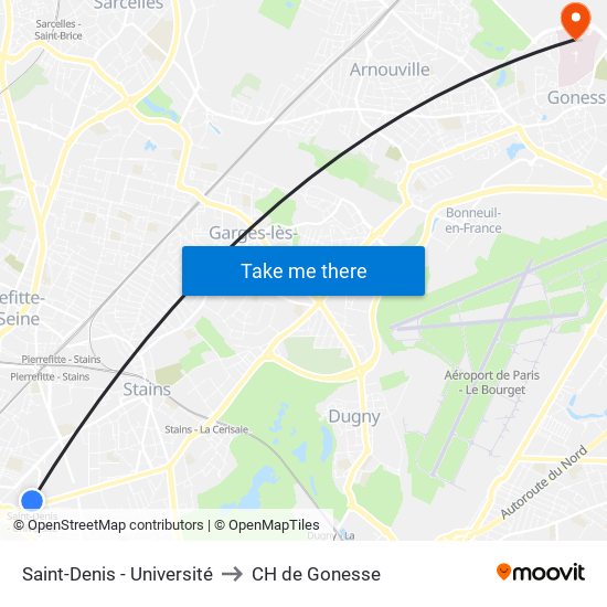 Saint-Denis - Université to CH de Gonesse map