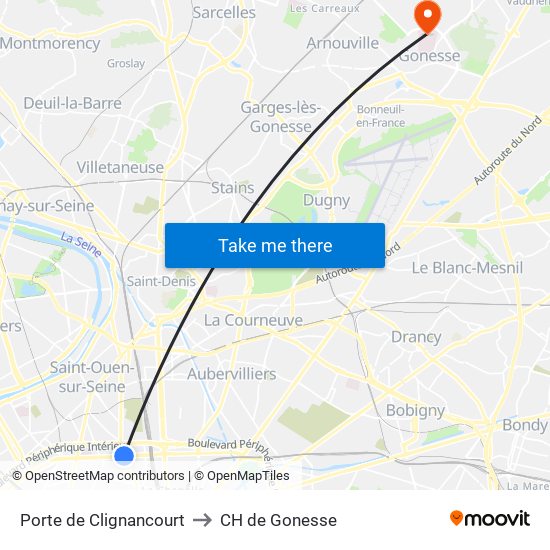 Porte de Clignancourt to CH de Gonesse map
