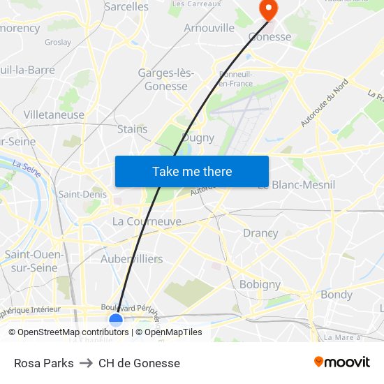 Rosa Parks to CH de Gonesse map