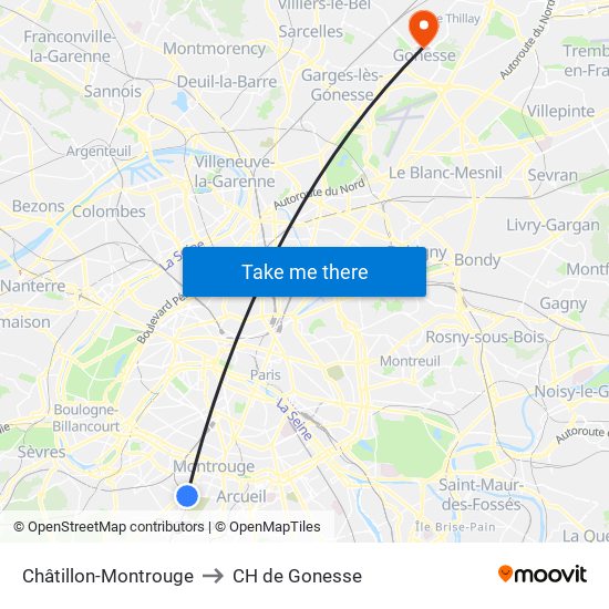 Châtillon-Montrouge to CH de Gonesse map