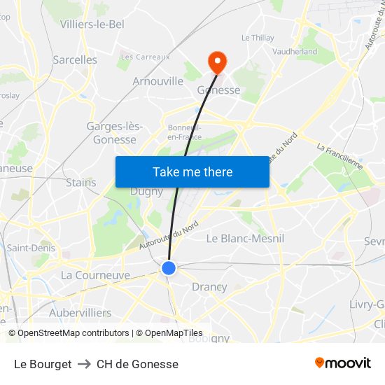 Le Bourget to CH de Gonesse map