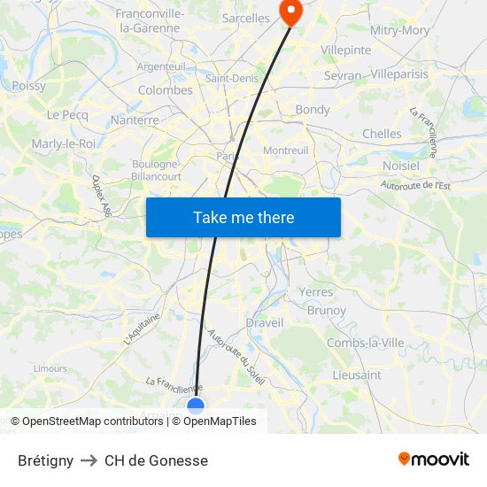 Brétigny to CH de Gonesse map