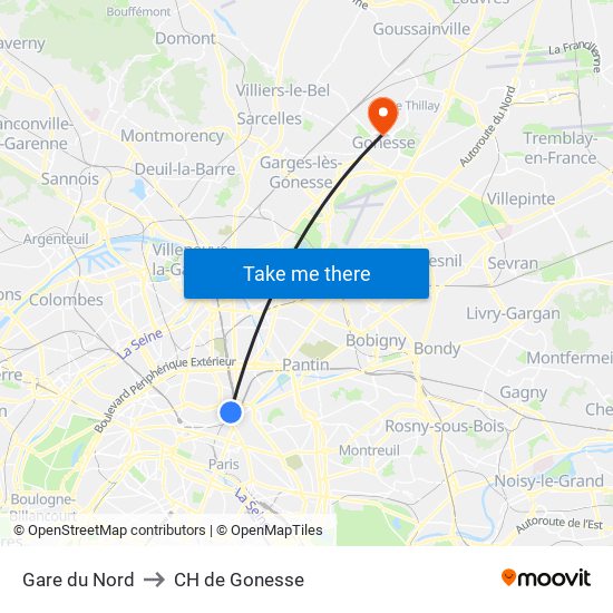 Gare du Nord to CH de Gonesse map