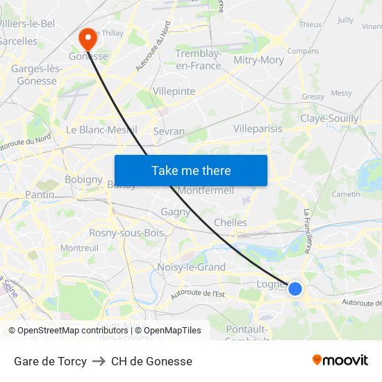 Gare de Torcy to CH de Gonesse map