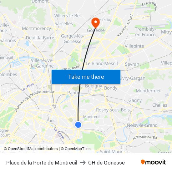 Place de la Porte de Montreuil to CH de Gonesse map