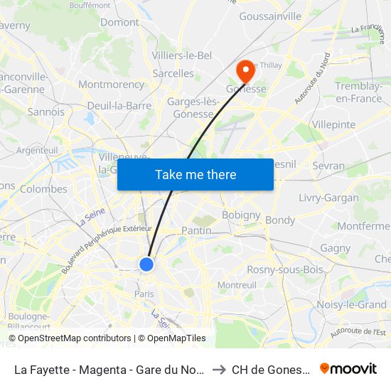 La Fayette - Magenta - Gare du Nord to CH de Gonesse map