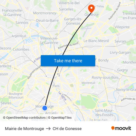 Mairie de Montrouge to CH de Gonesse map