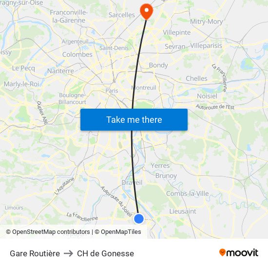 Gare Routière to CH de Gonesse map