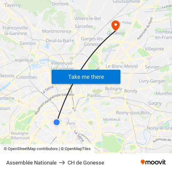 Assemblée Nationale to CH de Gonesse map