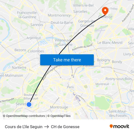 Cours de L'Ile Seguin to CH de Gonesse map