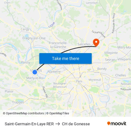Saint-Germain-En-Laye RER to CH de Gonesse map