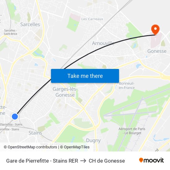 Gare de Pierrefitte - Stains RER to CH de Gonesse map