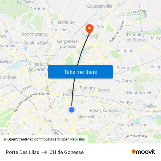 Porte Des Lilas to CH de Gonesse map