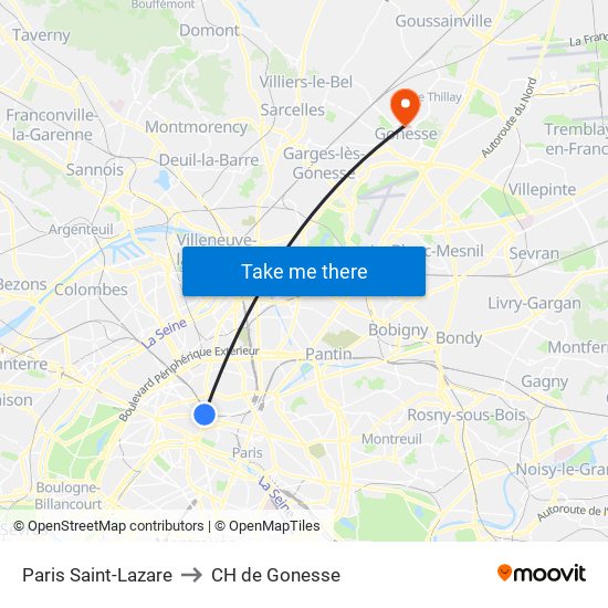 Paris Saint-Lazare to CH de Gonesse map